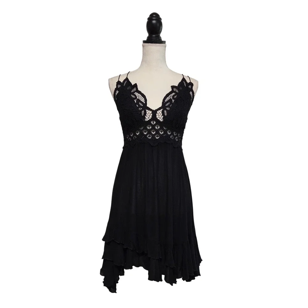 Free People FP One Adella Slip Crochet Lace Black Mini Dress L Tiered Ruffle NEW
